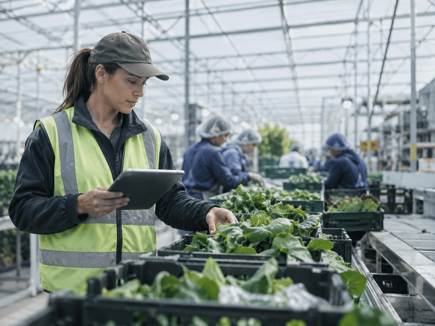 A farm supervisor reviewing intake on a tablet in a packing house