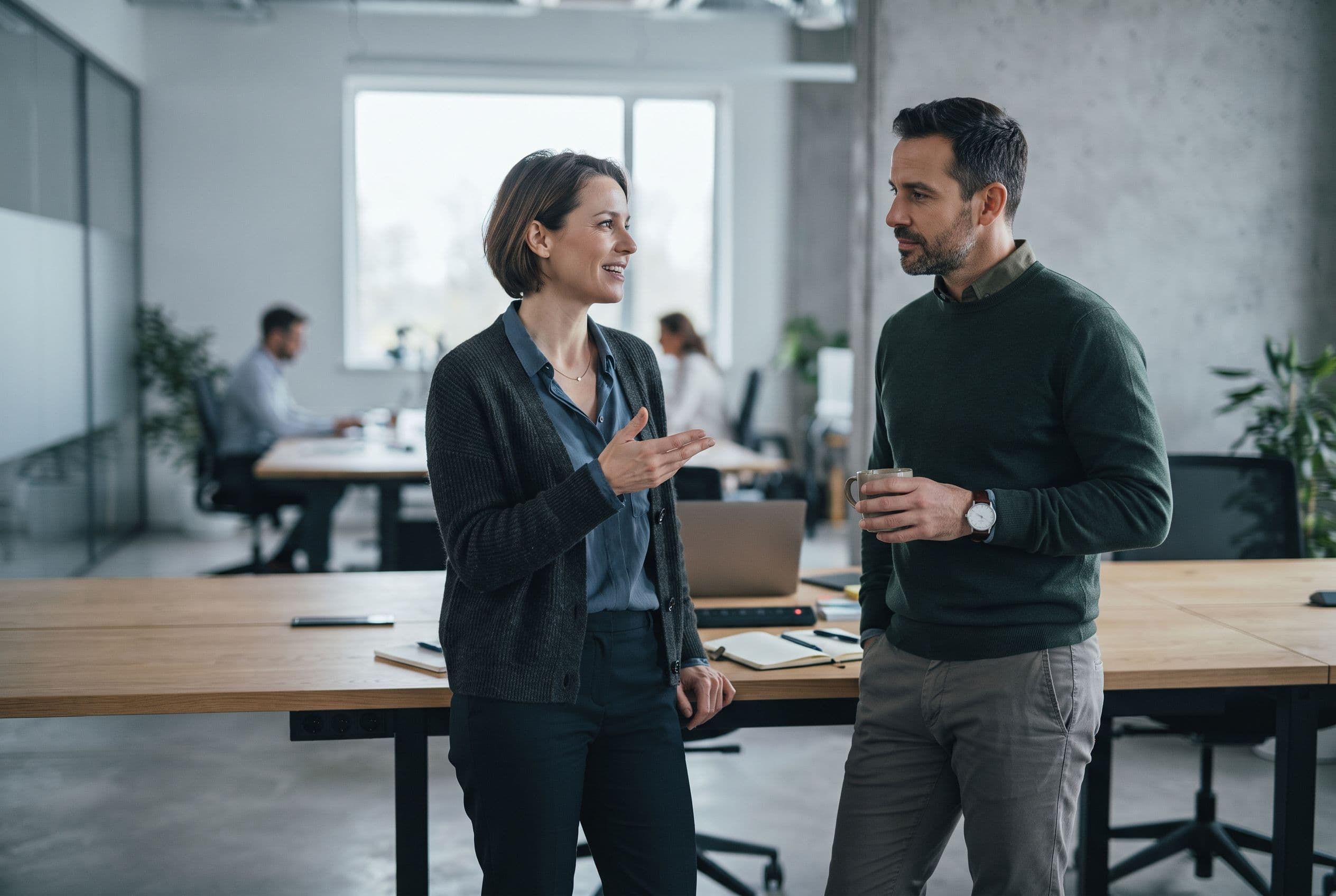 Two colleagues talking in a bright office