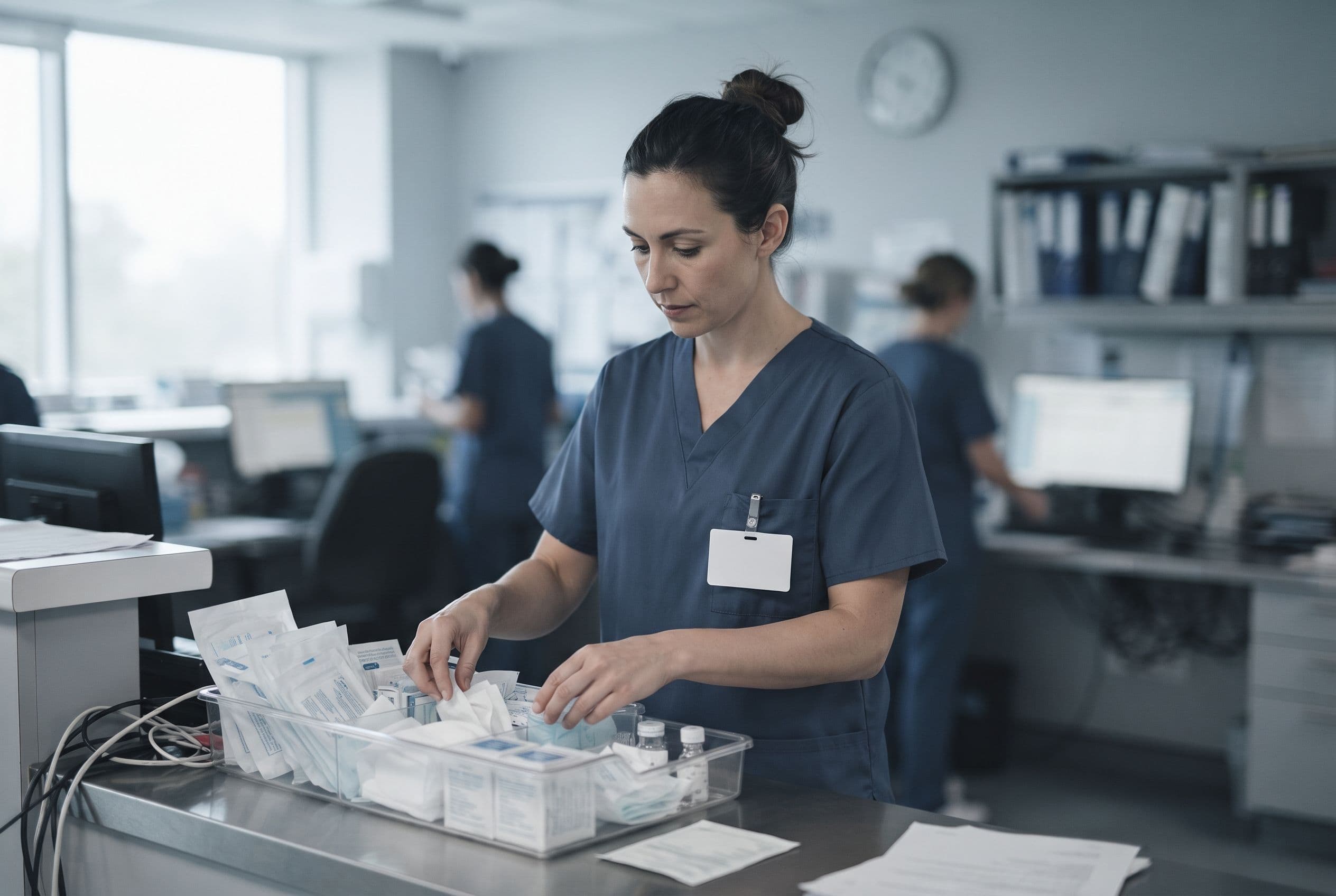 A healthcare worker in scrubs in a clinic