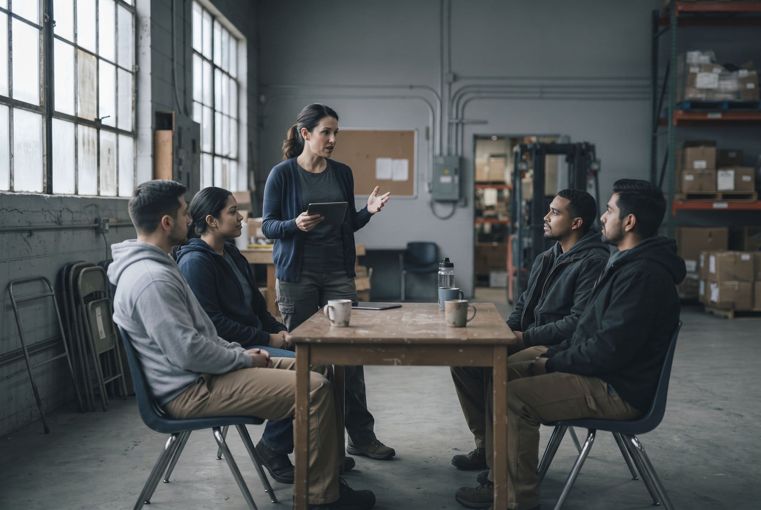 A staffing coordinator briefing a group of new hires