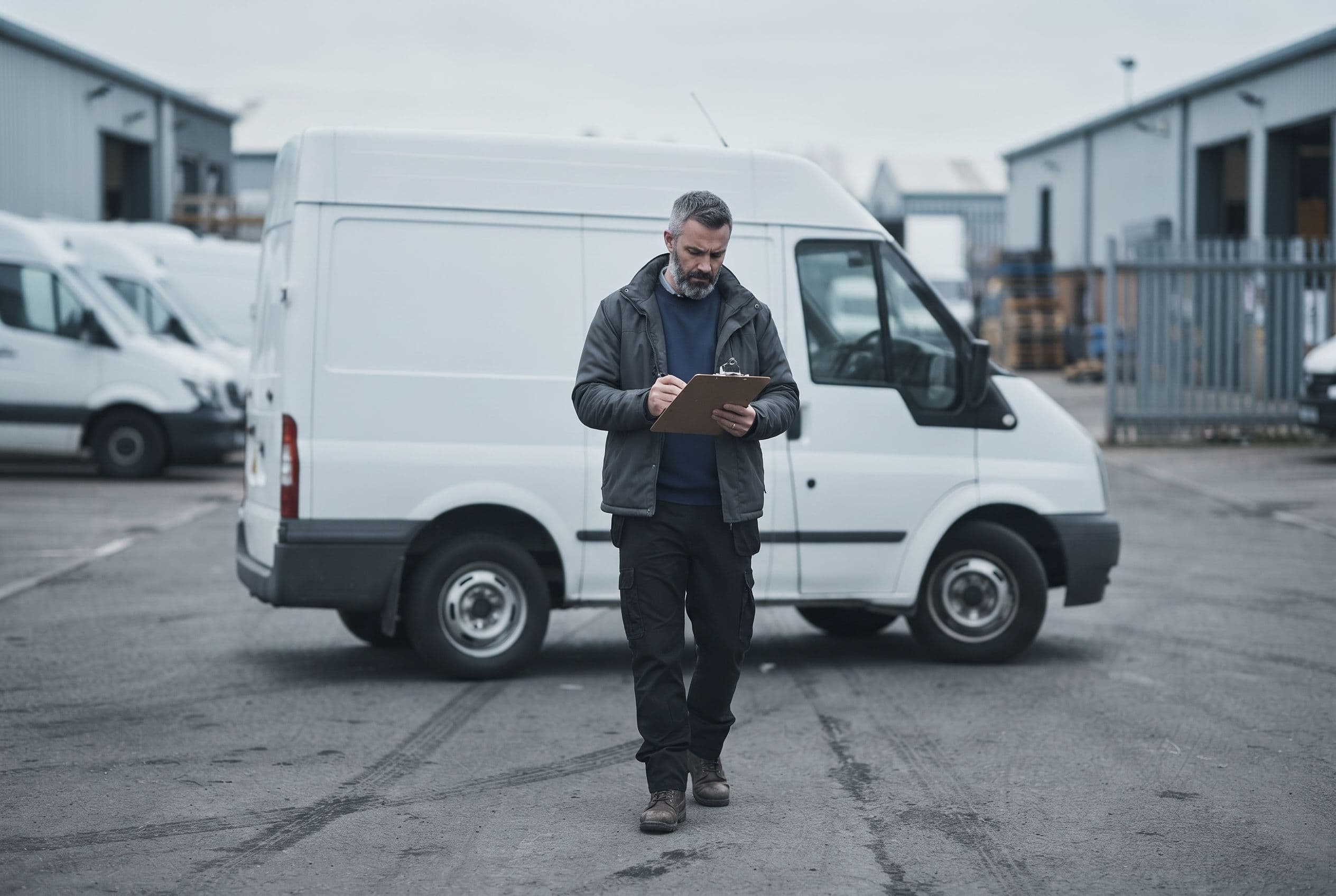 A driver checking a fleet vehicle