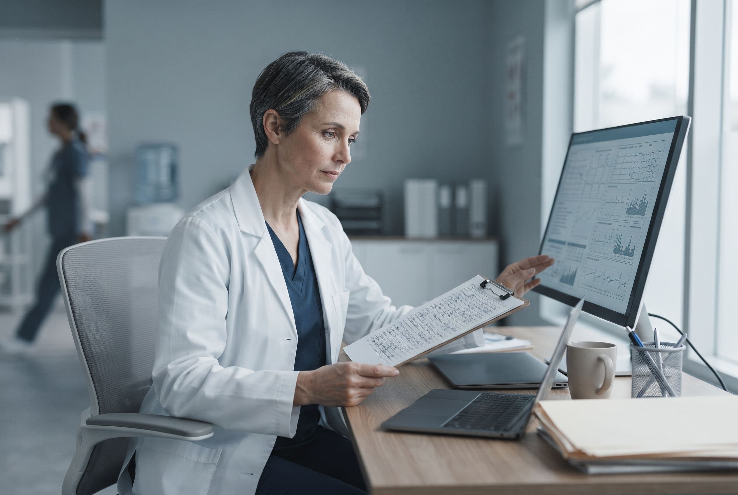 A physician reviewing test results at a desk