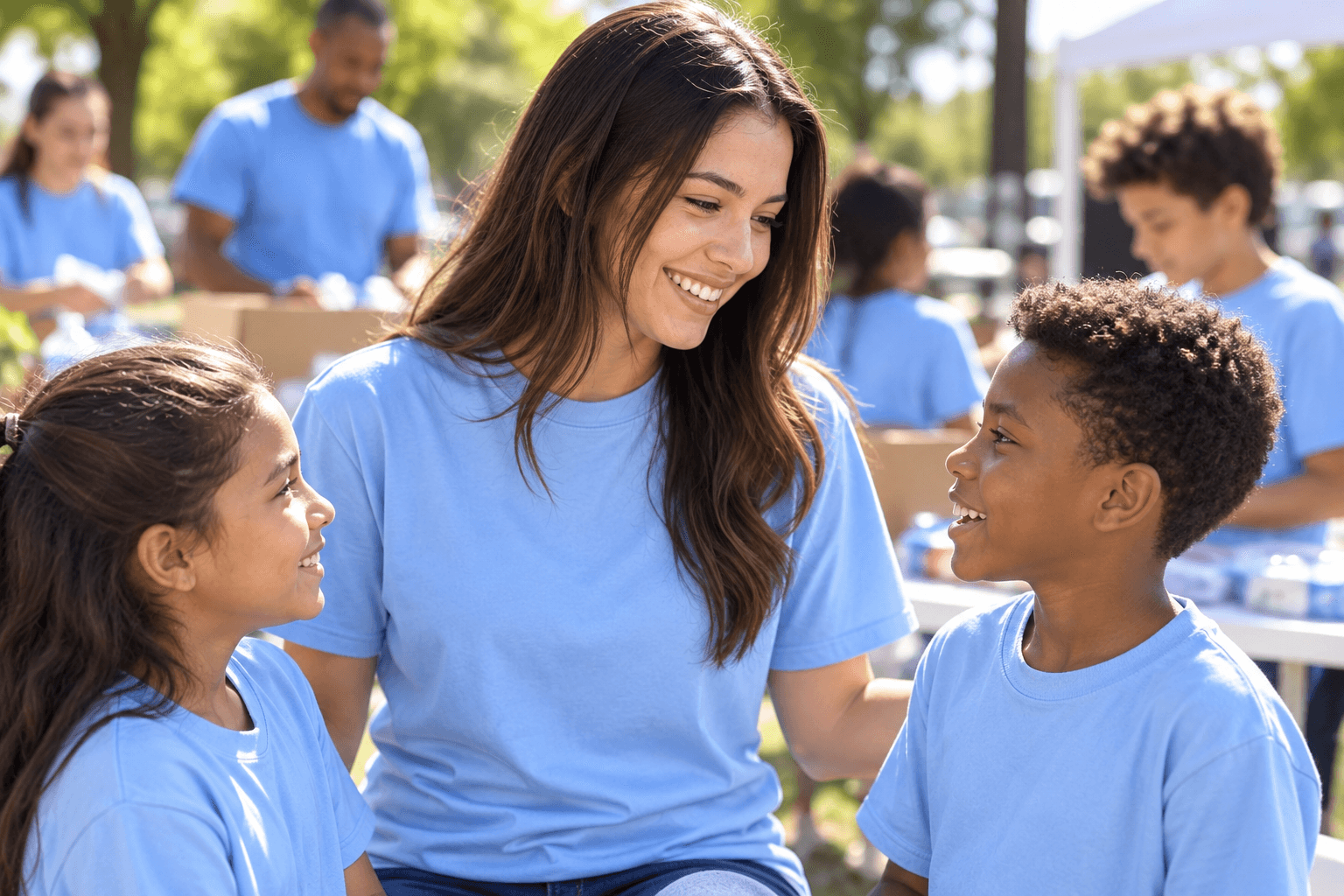 Volunteers working with children at a community event