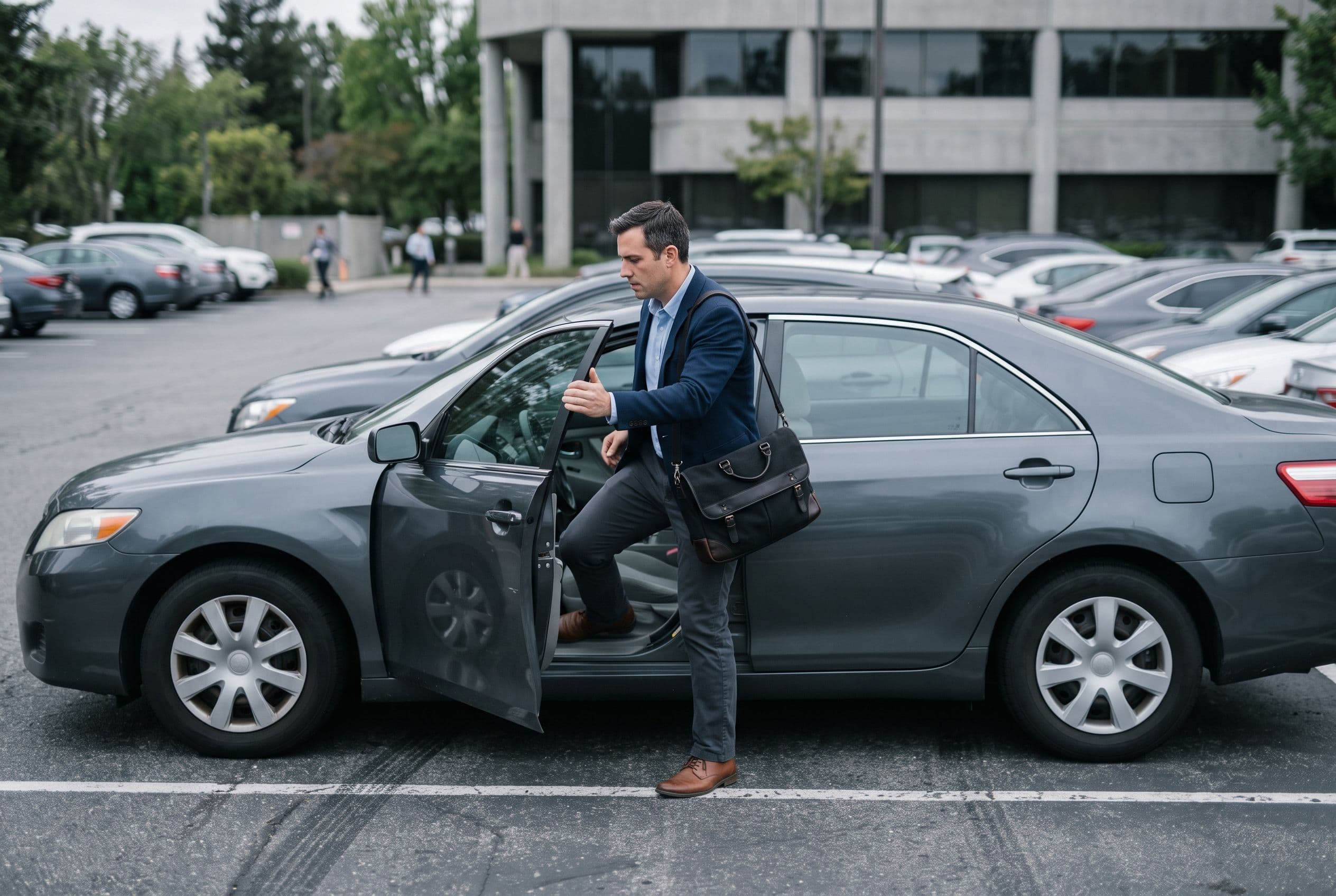 An employee getting into a company vehicle