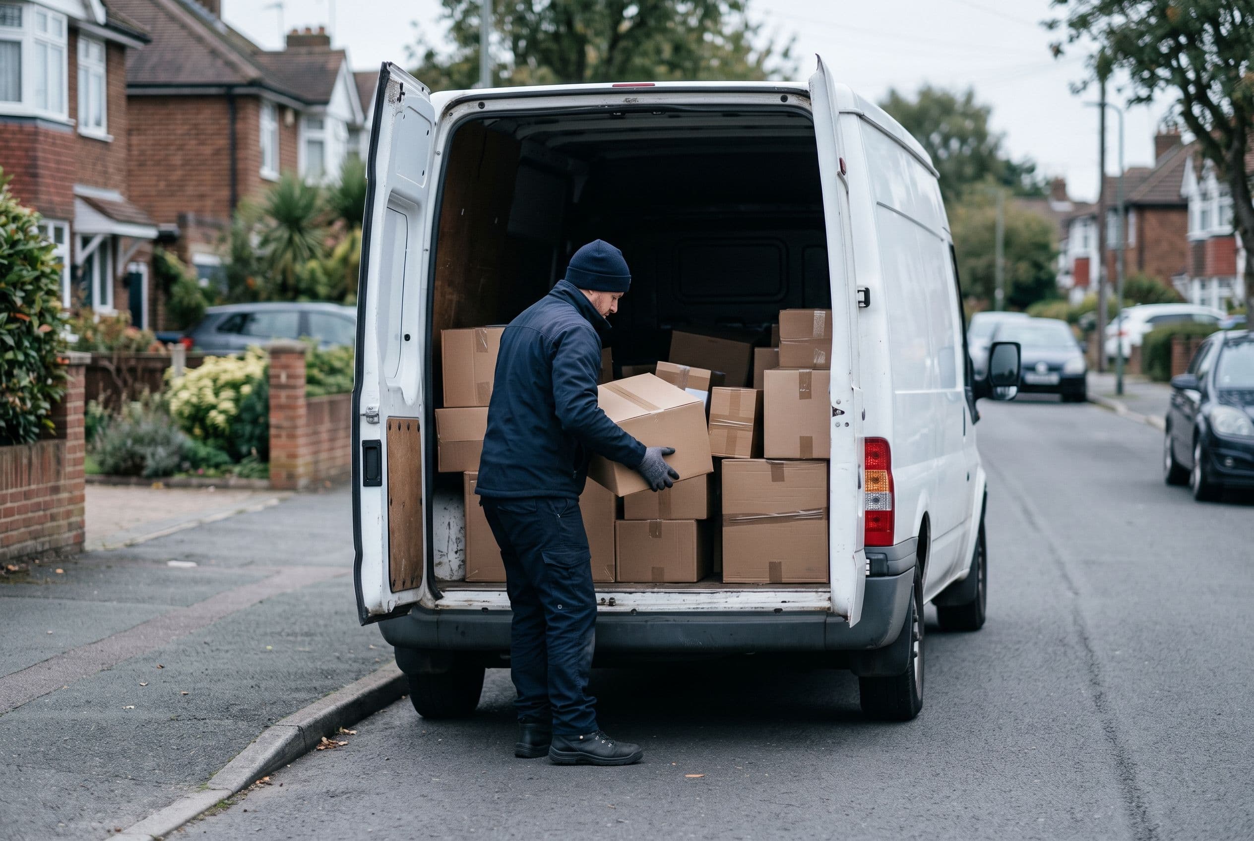 A courier loading packages into a delivery van