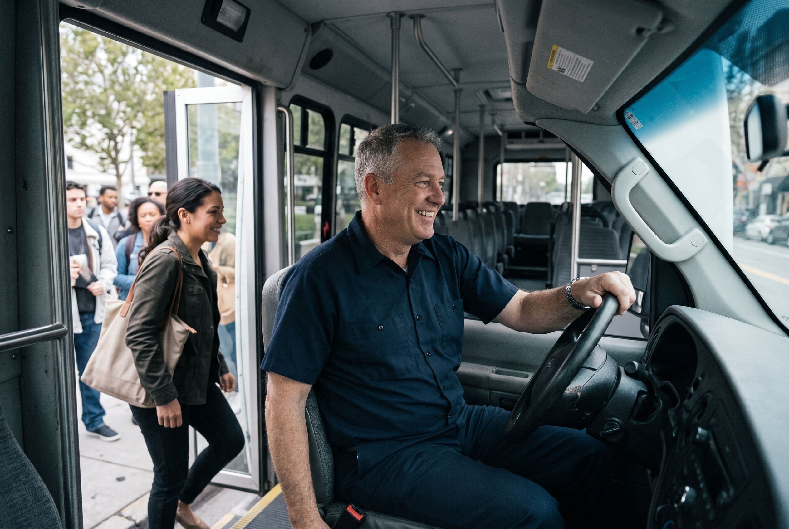 A passenger shuttle driver greeting riders