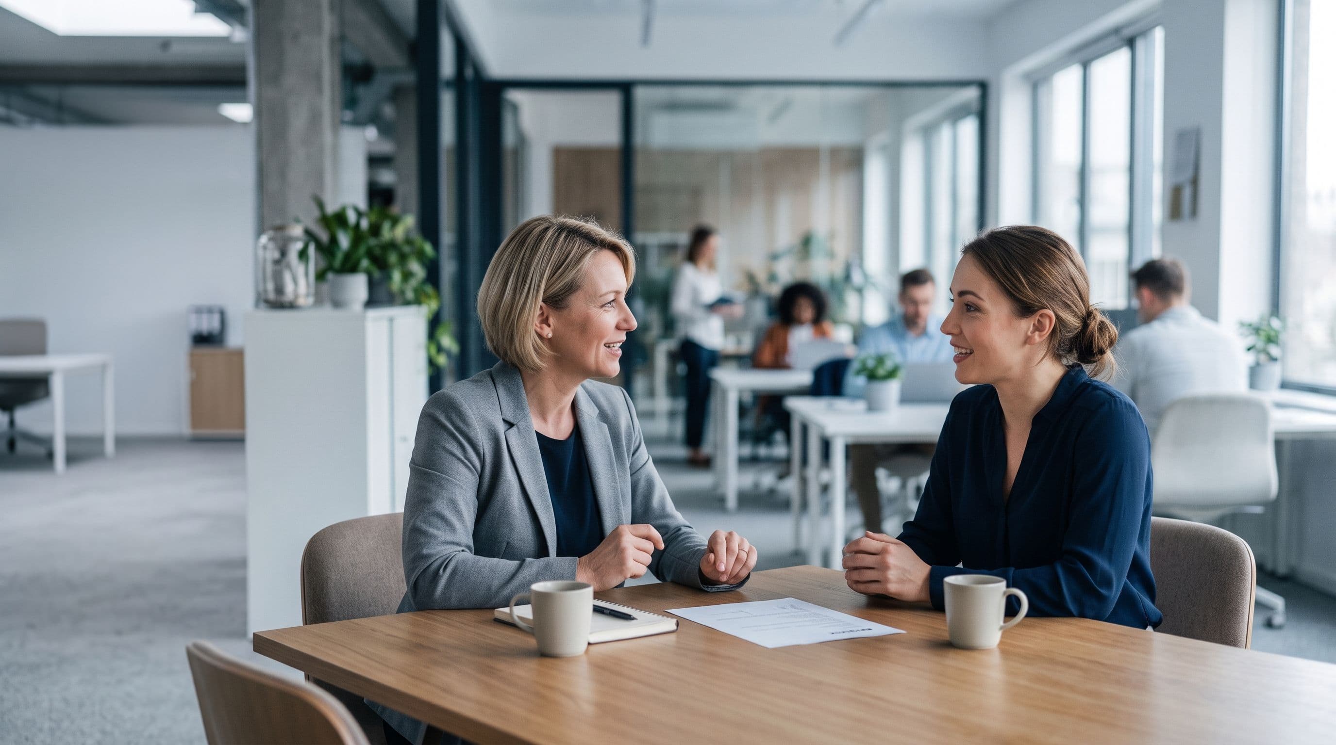 A hiring manager reading a candidate file with a colleague