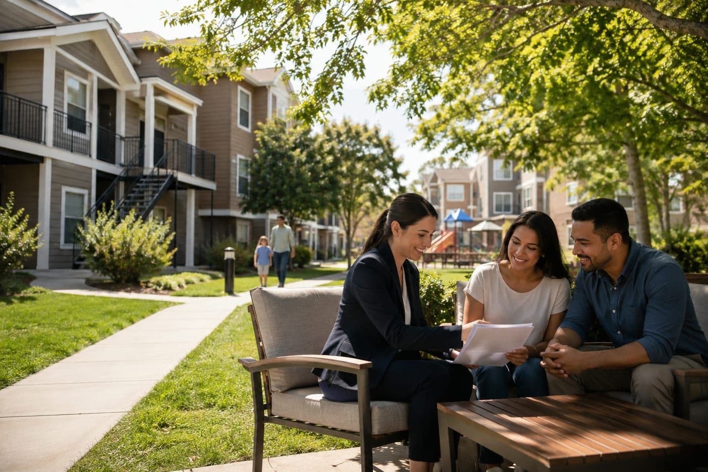 A leasing specialist going through certification paperwork with residents