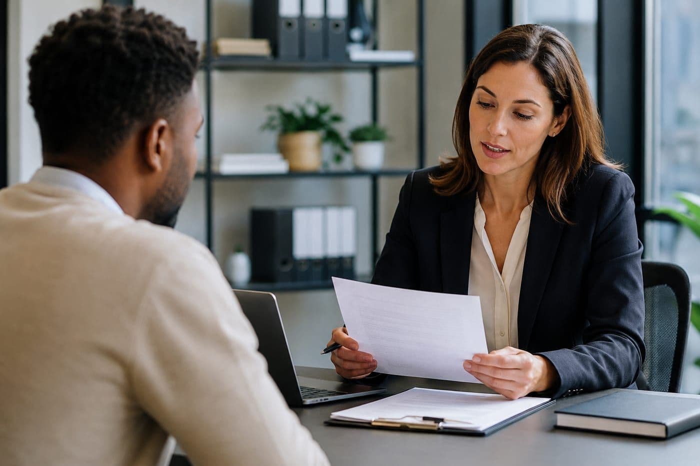 A hiring manager reviewing a candidate's file in an interview