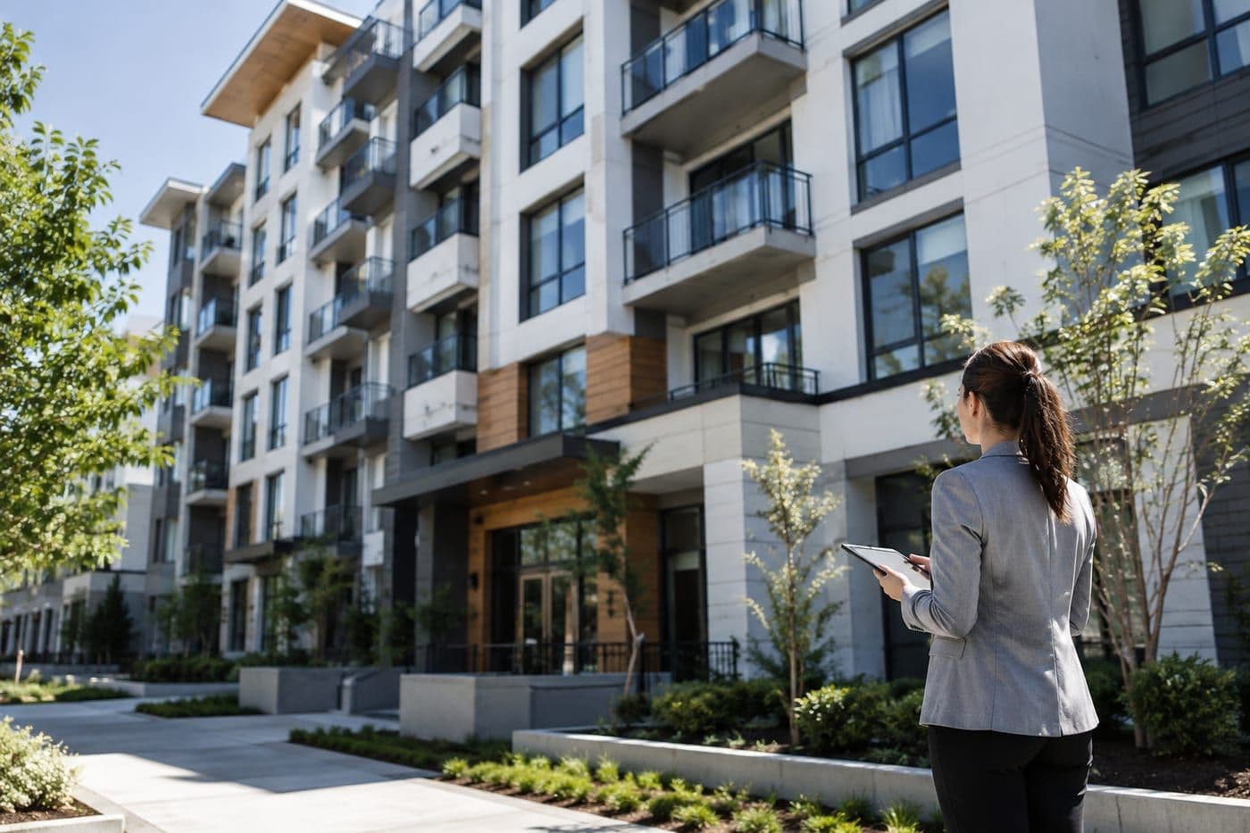 A property manager reviewing applications outside a multifamily community
