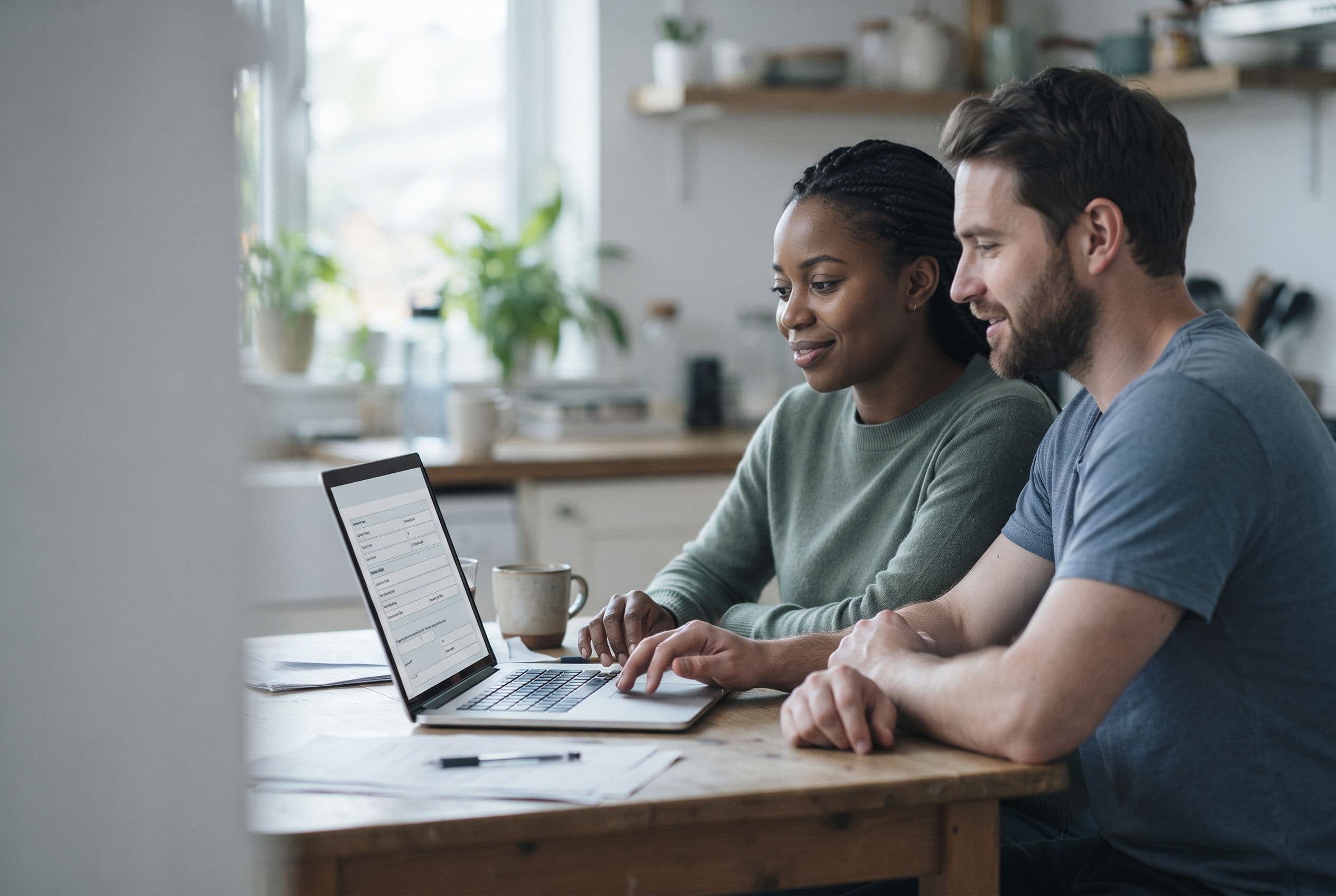 A couple completing a rental application together at home