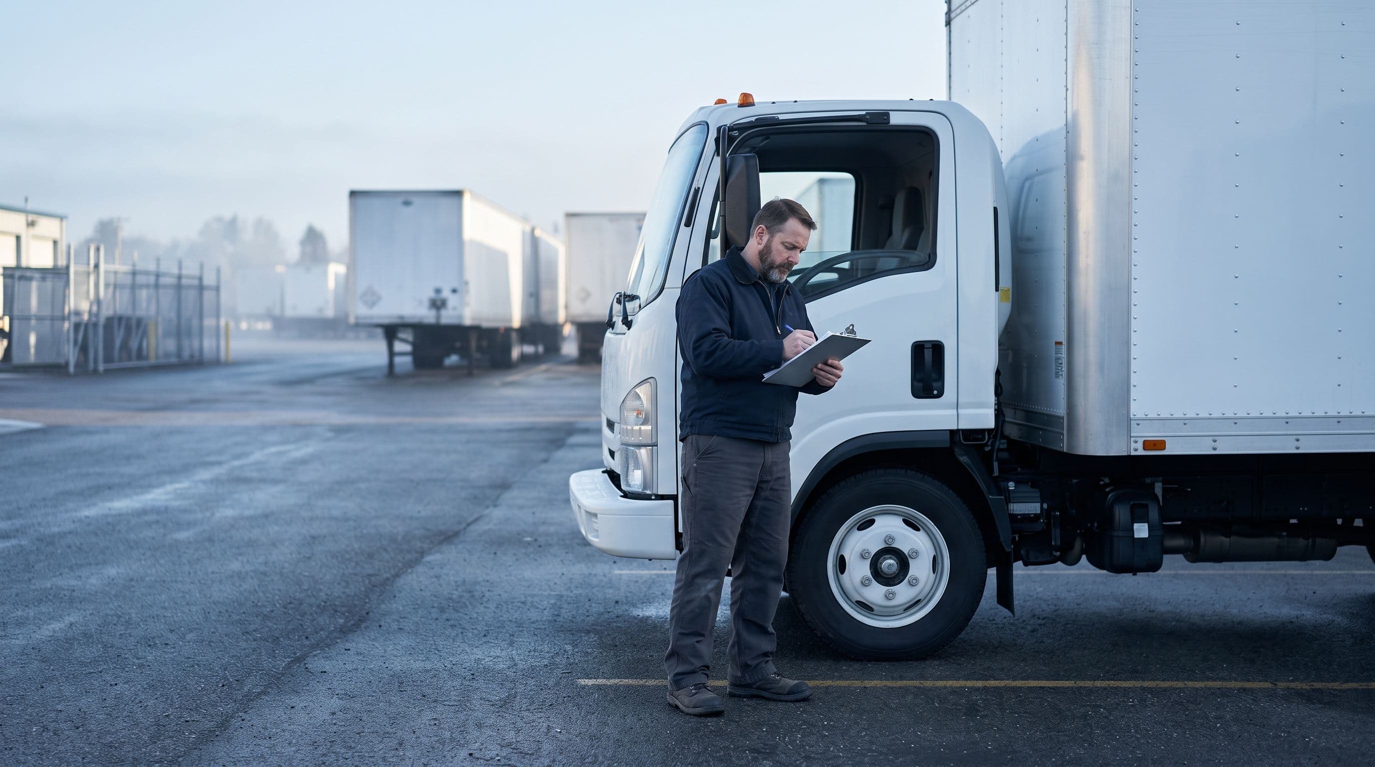 A driver checking a fleet vehicle before a run